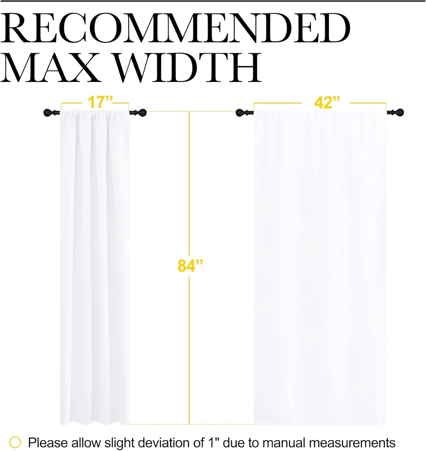 Diagram showing recommended maximum width for white curtains: 17-inch gathered, 42-inch flat, 84-inch length.