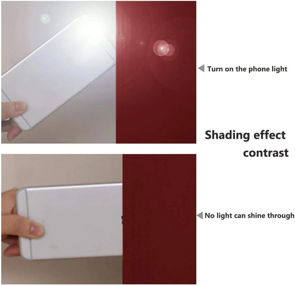 Red blackout curtain panel blocking phone flashlight in side-by-side shading test