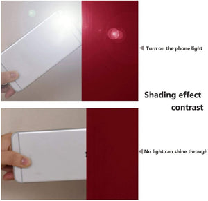 Red material light blocking demonstration. Top: Phone flashlight shines through. Bottom: Material blocks all light.