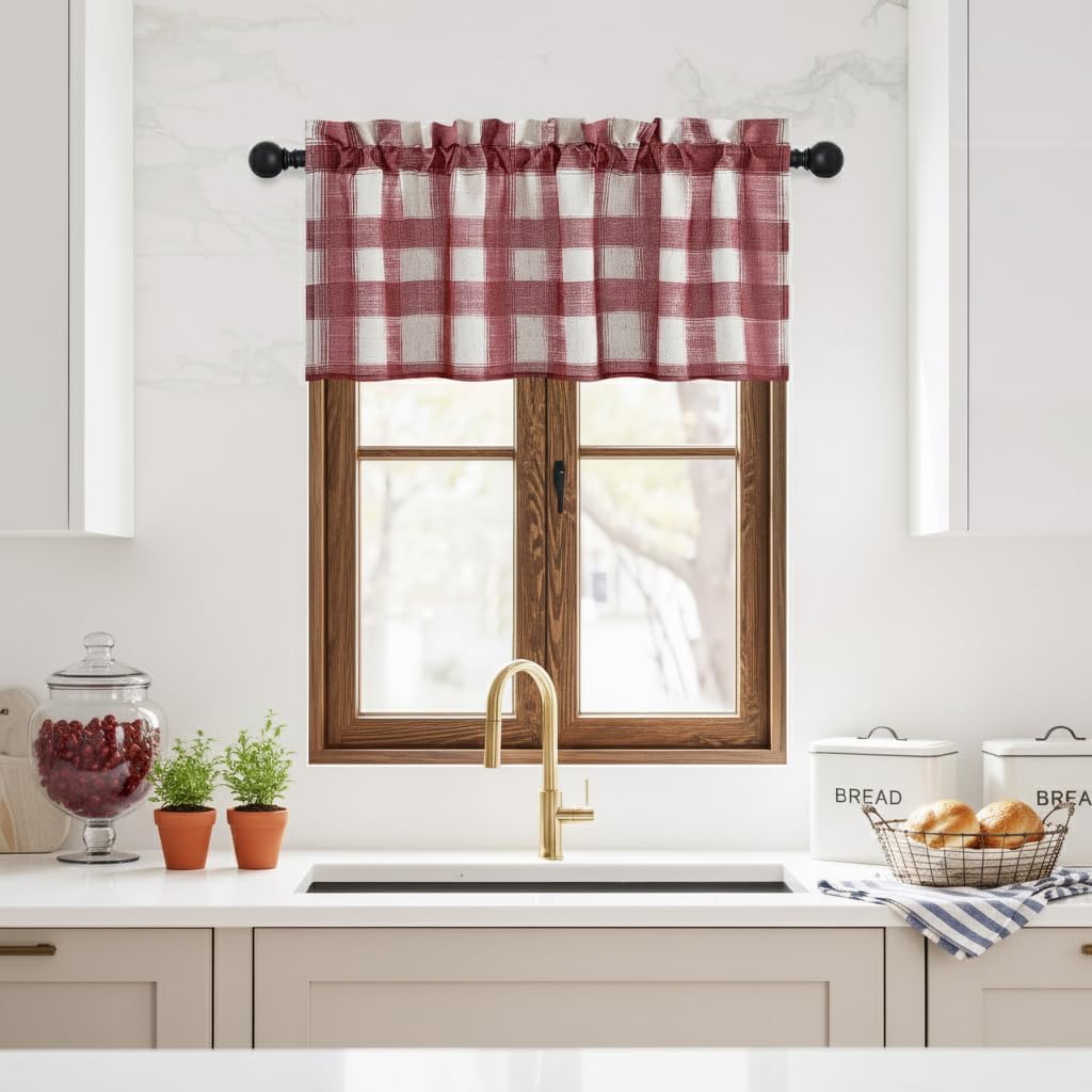 Red and cream buffalo check rod pocket valance with gathered top above kitchen window.