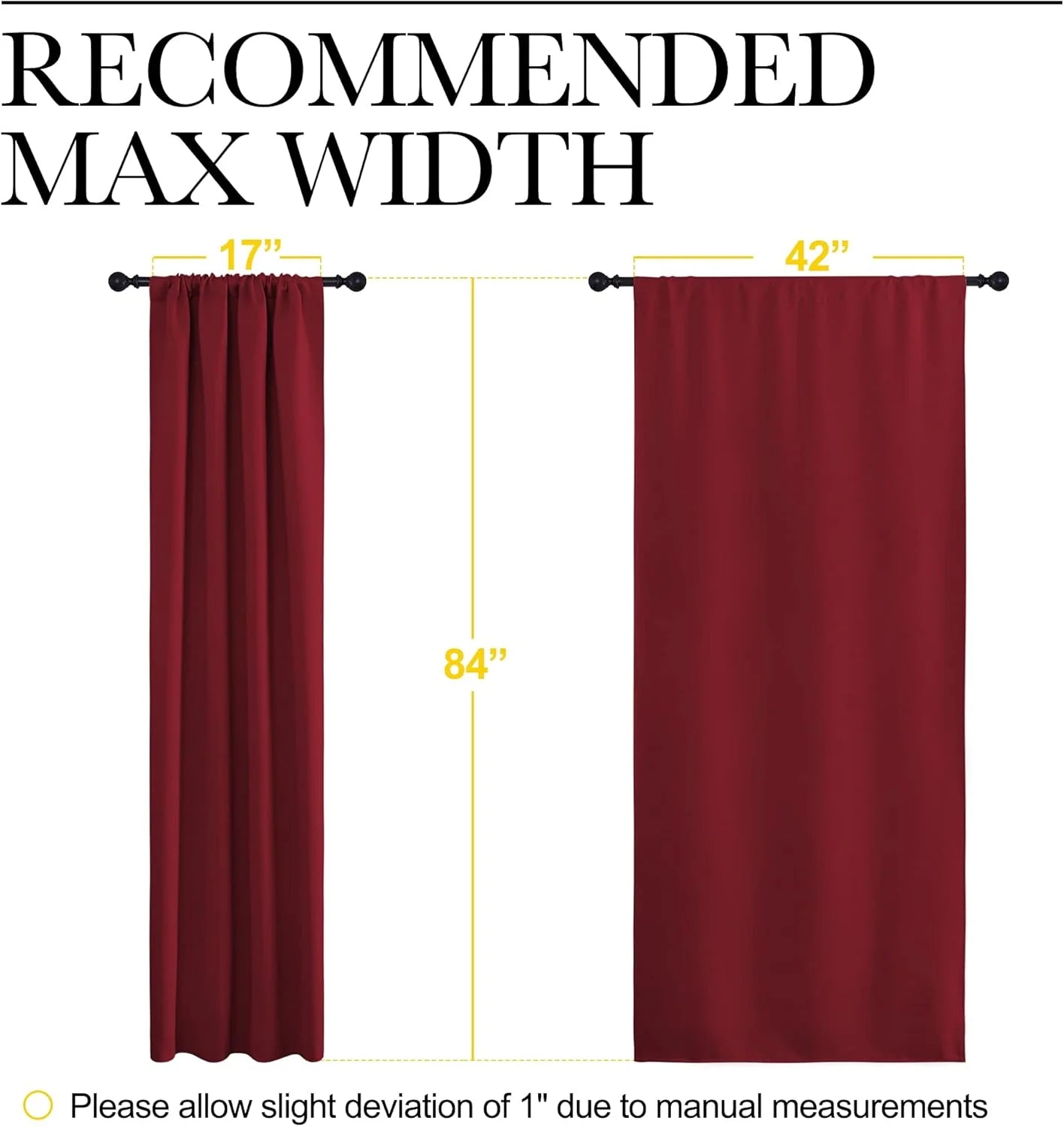 Red curtain panel with measurements for 17 and 42 inch widths and 84 inch length
