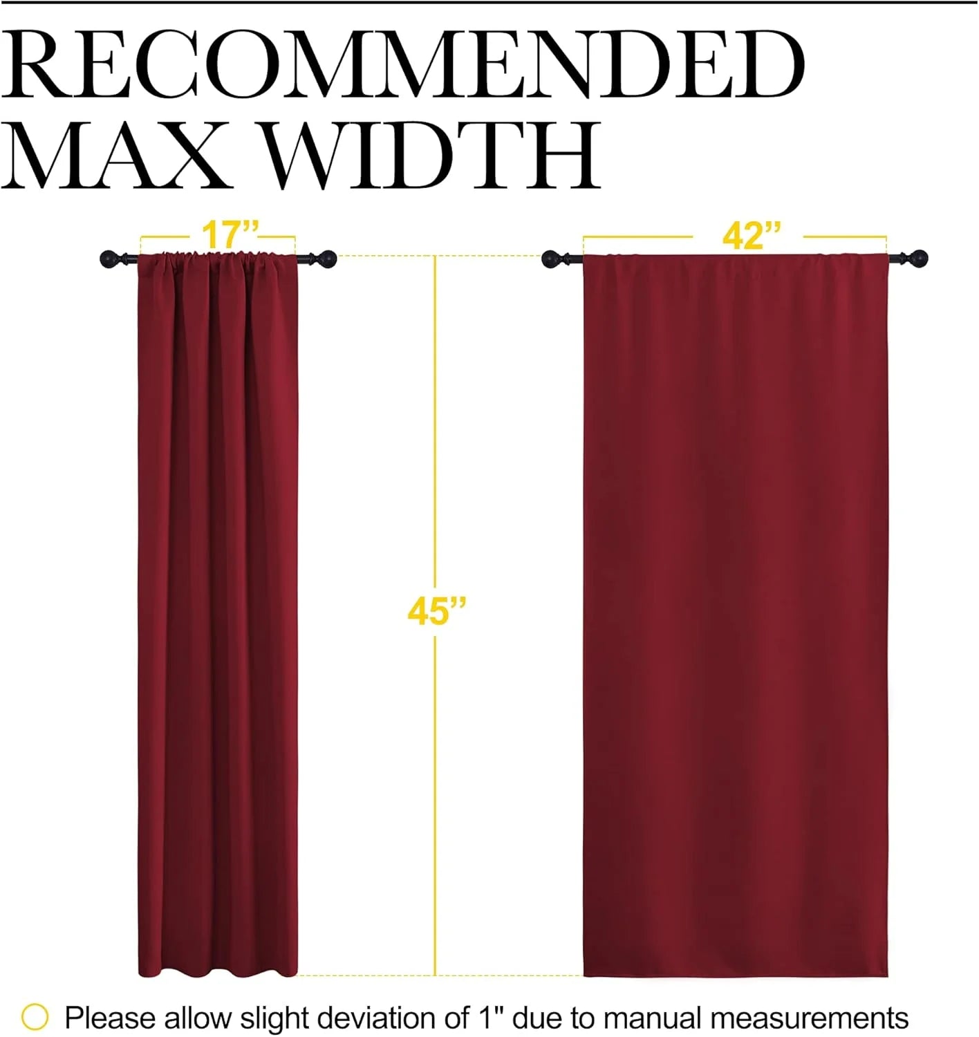 Diagram showing red curtain width from 17 inches gathered to 42 inches stretched.
