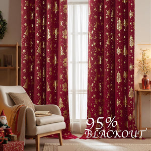 Deep red blackout curtains with gold foil Christmas trees, snowflakes, and bells pattern. Provides festive decor in a living room.