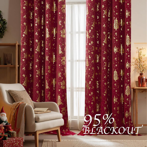 Deep red blackout curtains with gold foil Christmas trees, snowflakes, and bells pattern. Provides festive decor in a living room.
