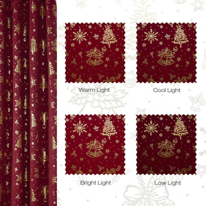 Red curtain with gold Christmas tree, snowflake, bell patterns. Swatches show fabric in varied light.