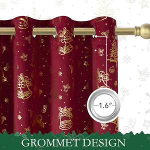 Red curtain with gold Christmas bells, trees, and snowflakes pattern. Features a 1.6-inch metallic grommet top.