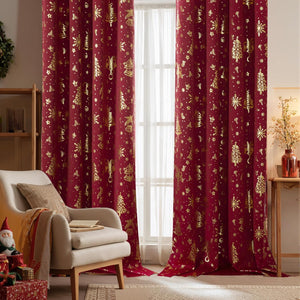Deep red curtains with gold foil Christmas trees, snowflakes, and bells. Perfect holiday decor.