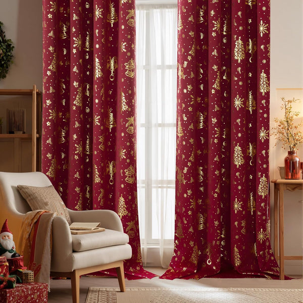 Deep red curtains with gold foil Christmas trees, snowflakes, and bells. Perfect holiday decor.