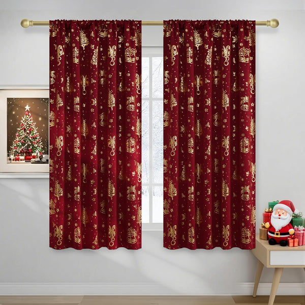 Deep red curtains with gold Christmas trees, bells, and bows pattern, rod pocket style, in festive room.