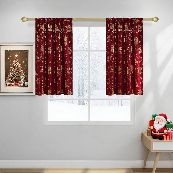 Deep red window curtains with festive gold Christmas tree and bell patterns, hung on a decorative gold rod.