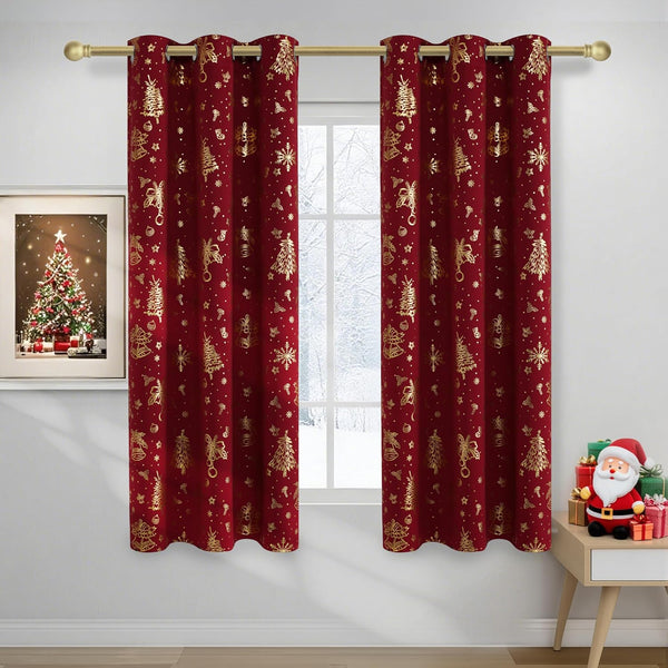 Deep red curtains with gold Christmas tree, snowflake, and bell patterns, featuring a grommet top.