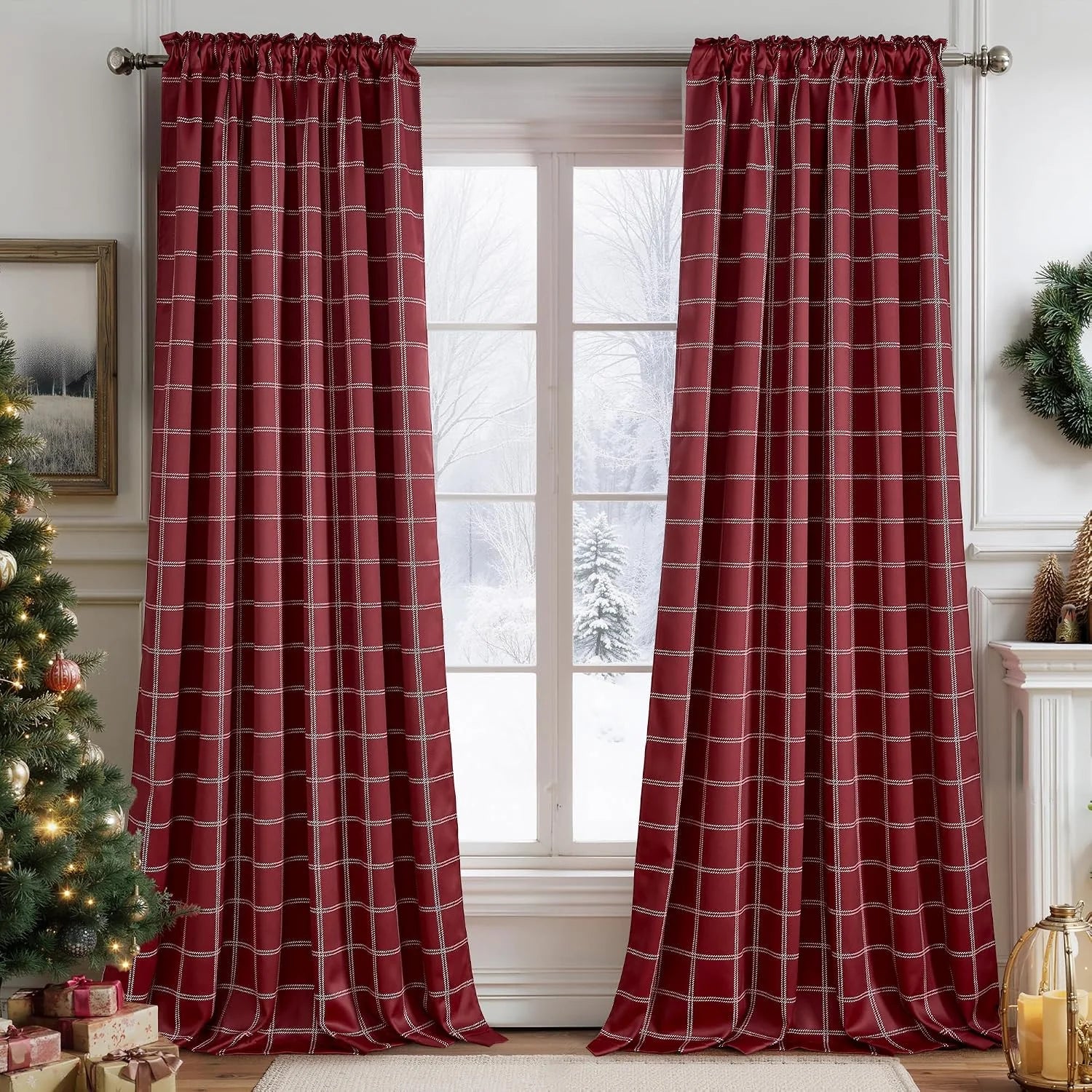 Red windowpane plaid curtains on a silver rod in a cozy holiday living room