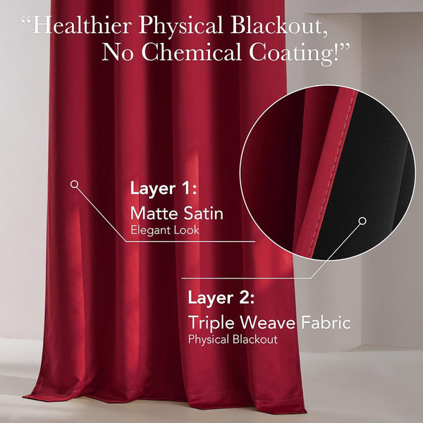Deep red matte satin physical blackout curtain. Detailed view shows its two layers of fabric.