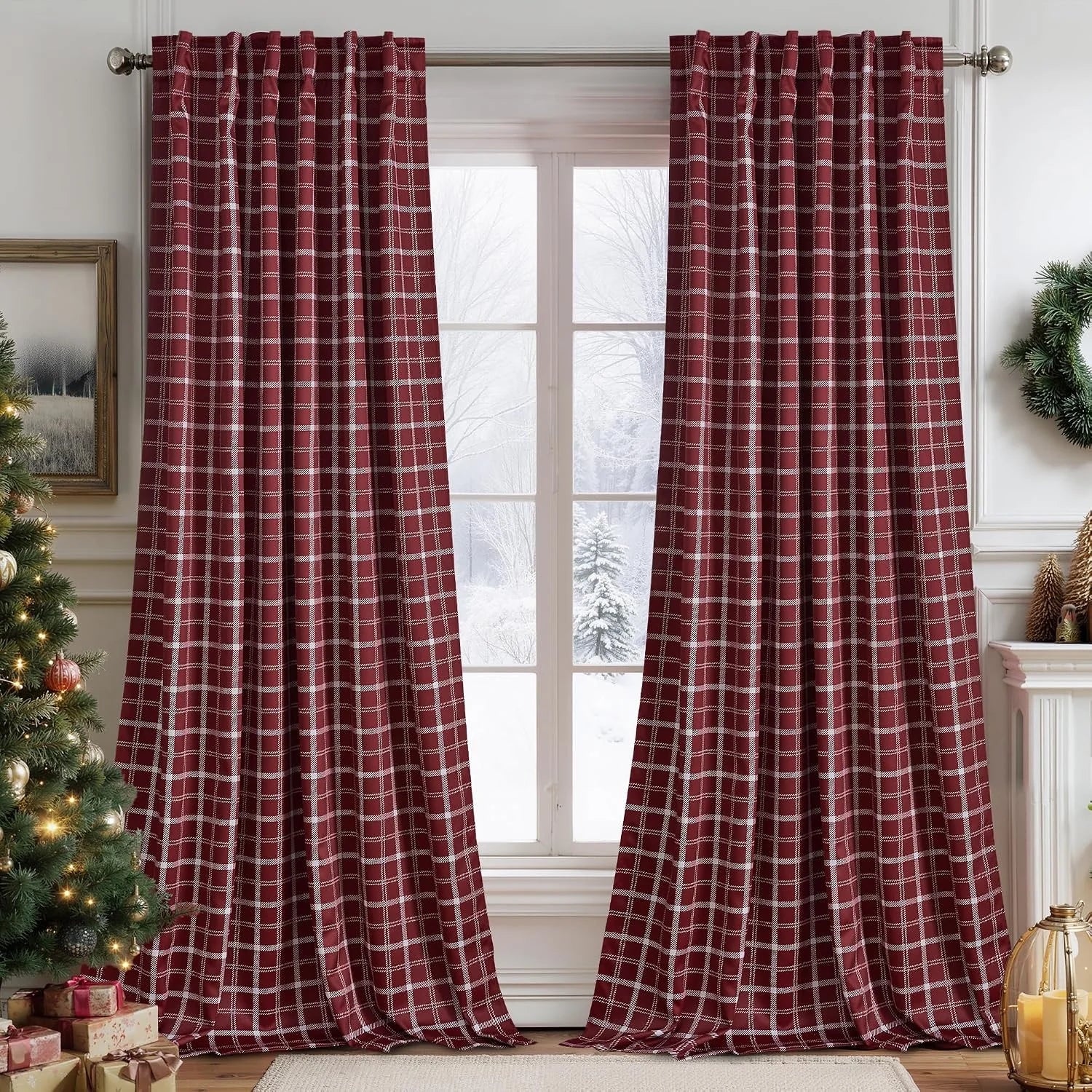 Red plaid curtains hanging on a silver rod in a cozy holiday living room
