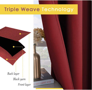 Deep red triple weave blackout curtains, with diagram showing black yarn layer for light blocking.
