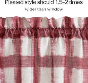 Red and white buffalo check curtain showing pleated top and textured fabric detail.