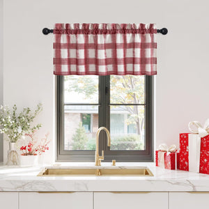 Gathered red and white buffalo check window valance with rod pocket style over a modern kitchen sink.