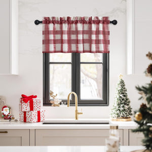 Red and white gingham kitchen window valance with a gathered rod pocket top, hung above a sink.