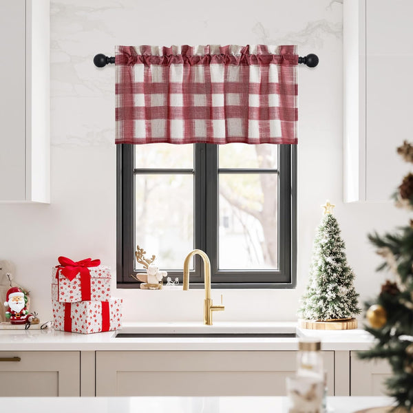 Red and white gingham kitchen window valance with a gathered rod pocket top, hung above a sink.