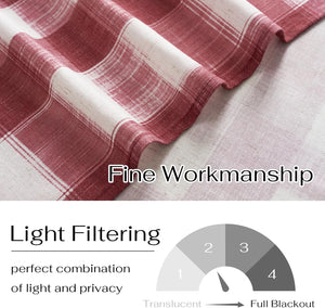 Close-up of red and white plaid linen fabric, designed for light filtering curtains, showcasing its fine texture.