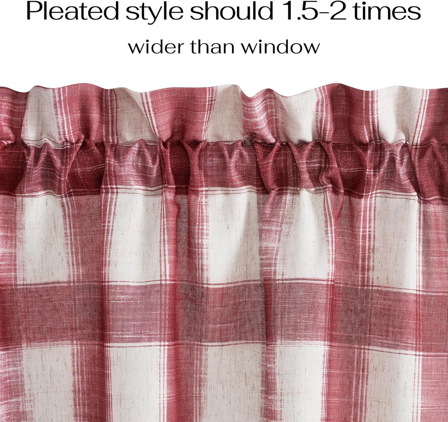 Close-up of a red and off-white plaid curtain with a gathered rod pocket top, showing linen-like texture.