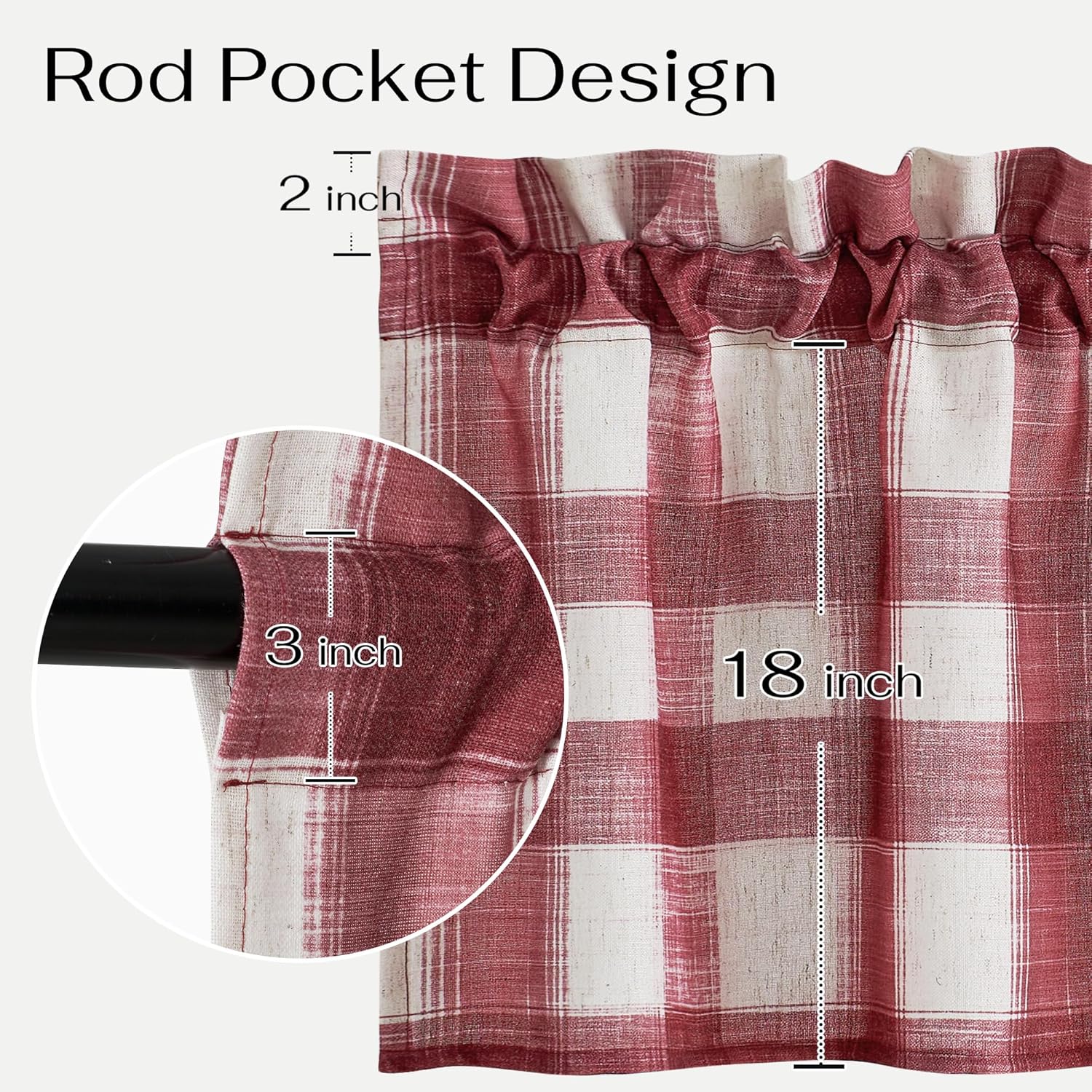 Red and white plaid rod pocket valance showcasing 2-inch ruffle, 3-inch pocket, and 18-inch length.