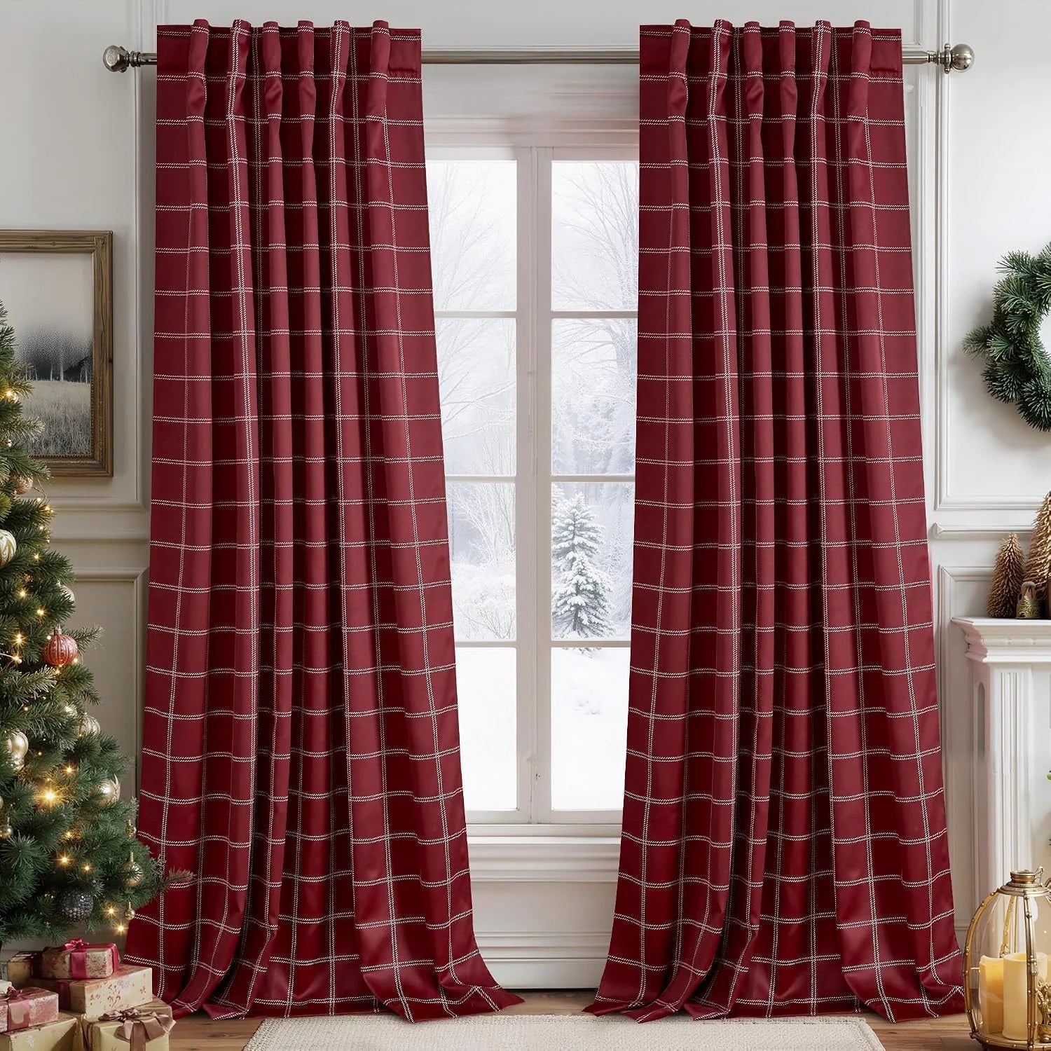 Red windowpane patterned curtains hanging in a festive living room by a snowy window