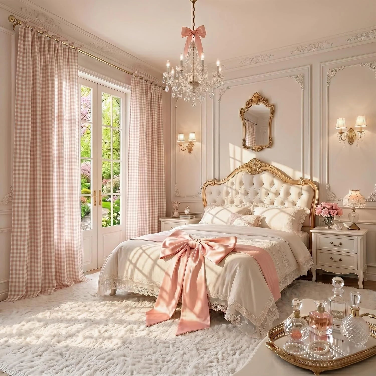 Luxurious cream and pink bedroom with tufted bed, large pink bow, and gingham curtains