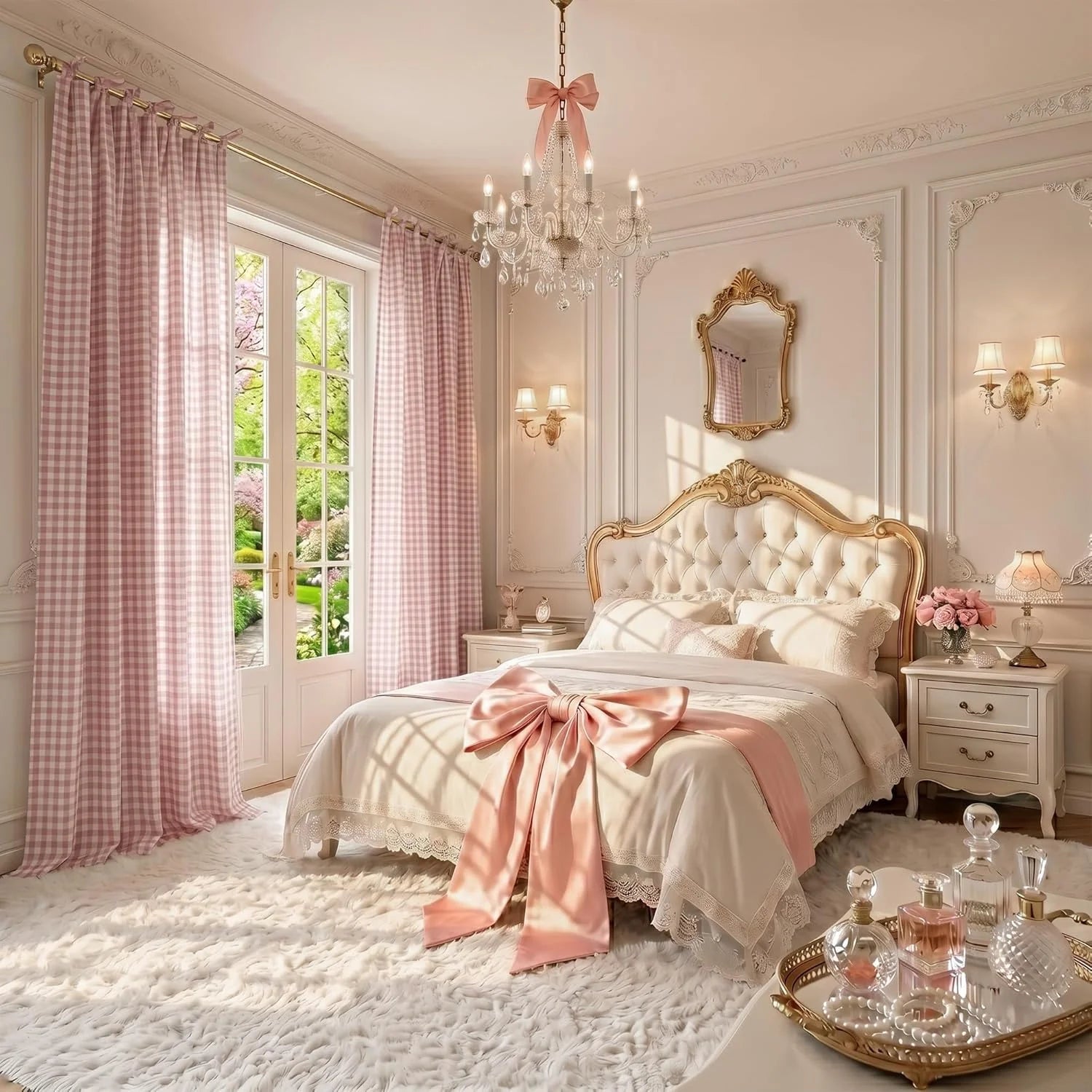 Elegant romantic bedroom with a tufted bed, large pink satin bow, white shaggy rug, and pink gingham curtains.