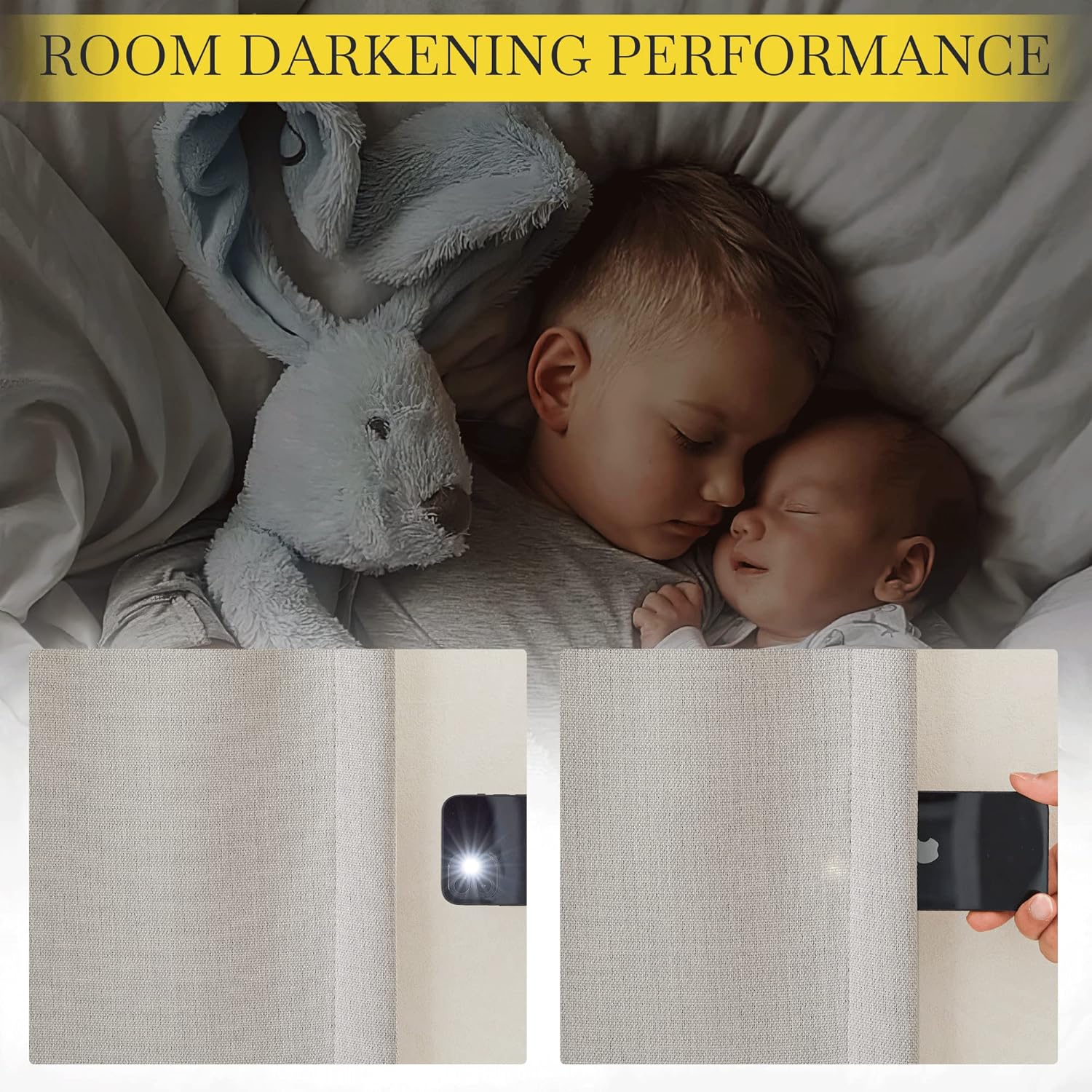 Textured light grey fabric blocks a smartphone flashlight beam, demonstrating room darkening performance.
