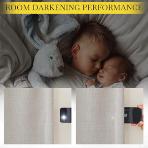 Textured light grey fabric blocks a smartphone flashlight beam, demonstrating room darkening performance.