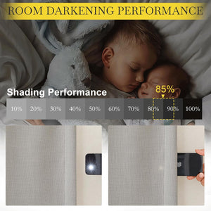 Textured light grey fabric effectively blocks smartphone light, showing room darkening for peaceful sleep.