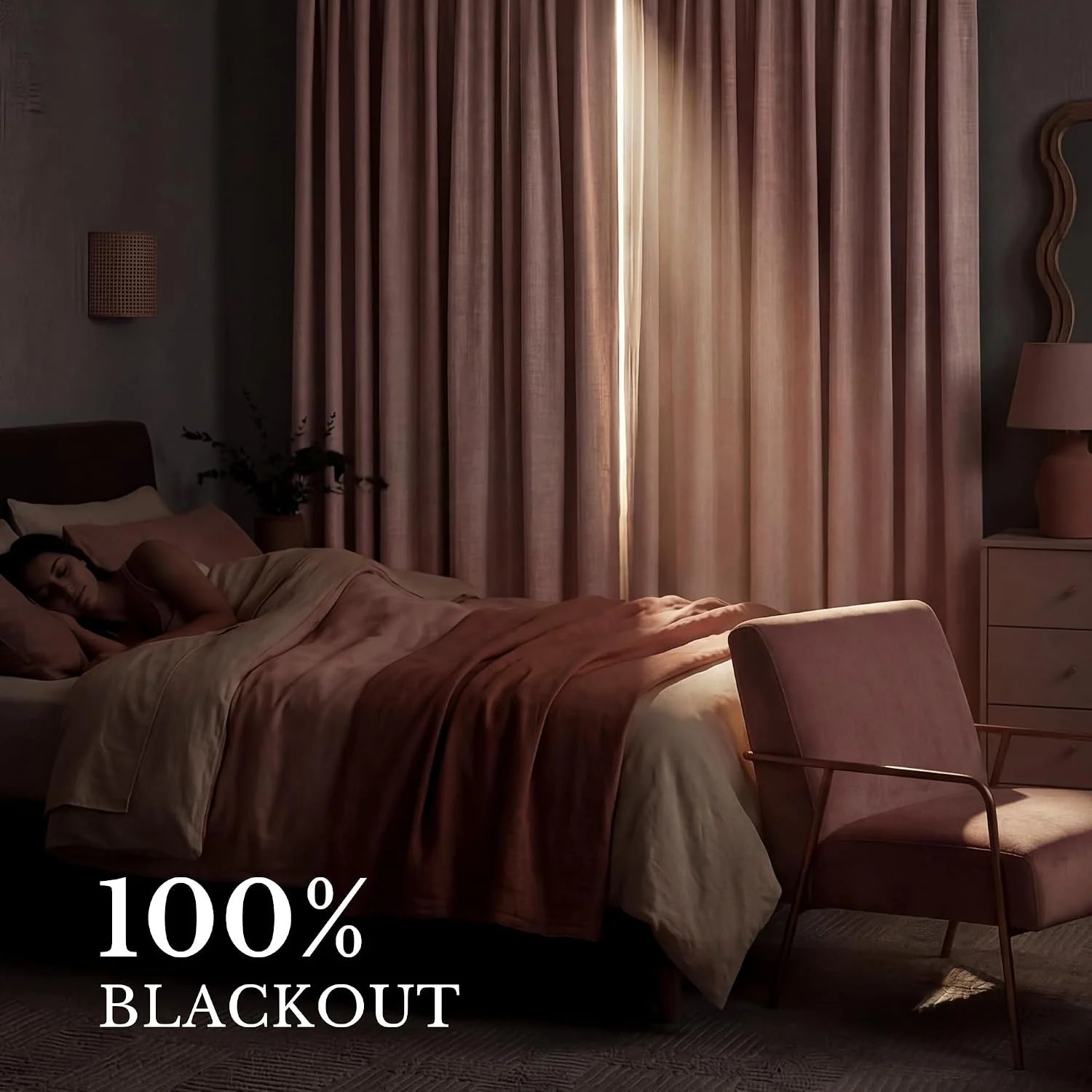 Woman sleeping in a cozy bedroom with rose blackout curtains effectively blocking light