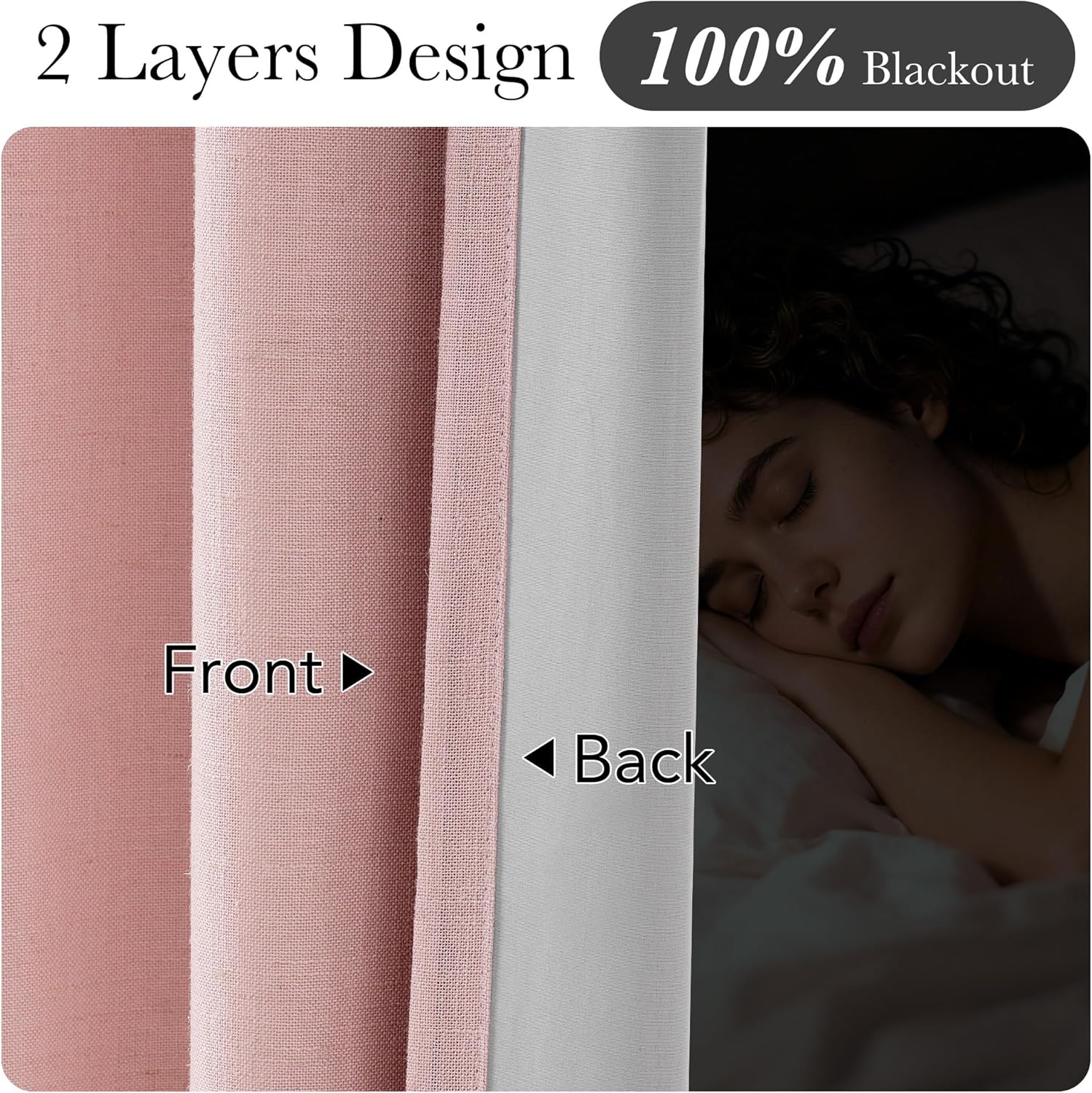 Detail of rose pink linen-textured 2-layer blackout curtain with dark grey lining, promoting restful sleep.