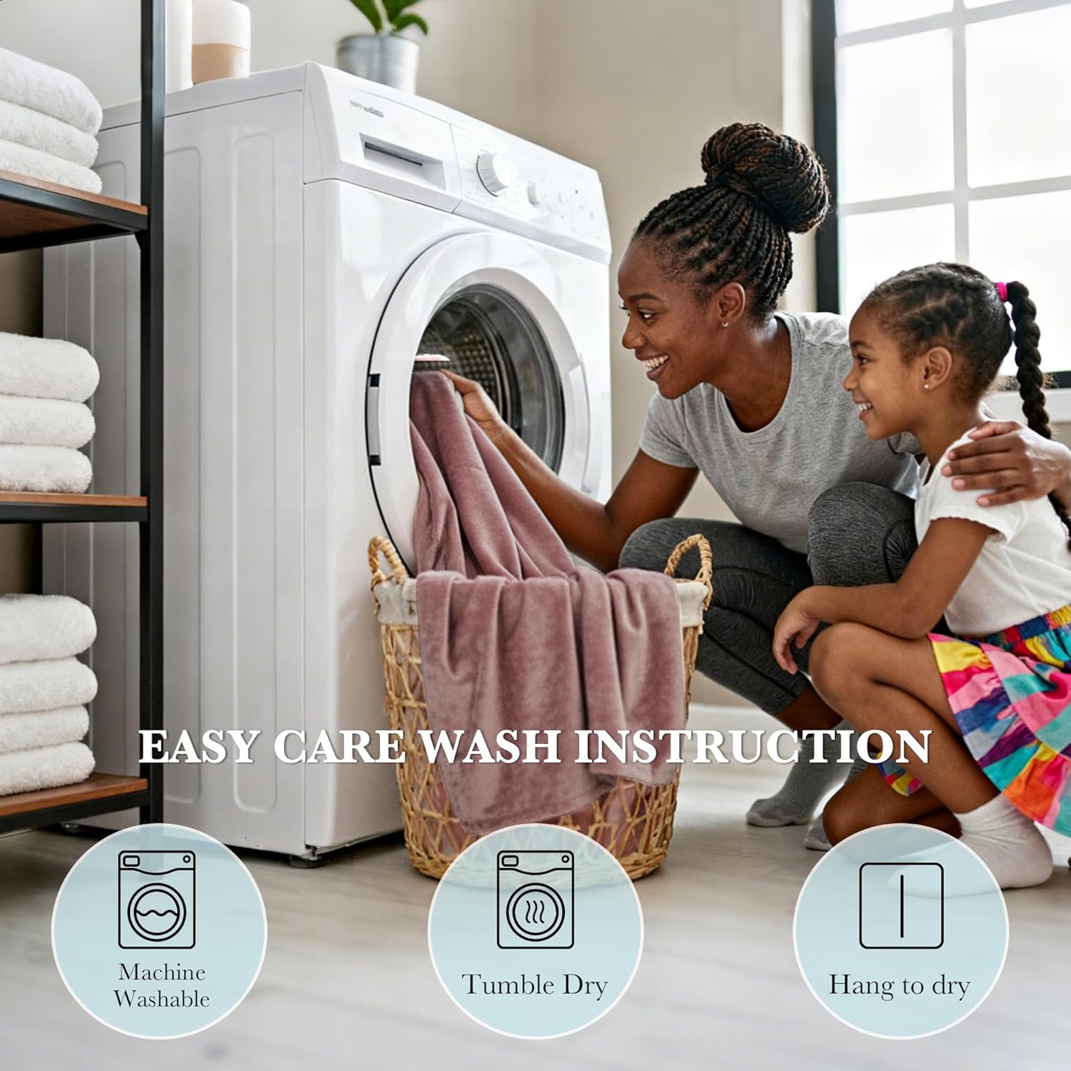 Mom and daughter placing a rose plush blanket into a washer, showcasing its easy care and washable instructions.