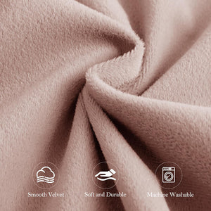 Close-up of soft rose velvet fabric with a smooth, plush texture. Highlighted as durable and machine washable.