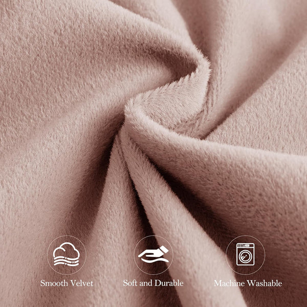 Close-up of soft rose velvet fabric with a smooth, plush texture. Highlighted as durable and machine washable.