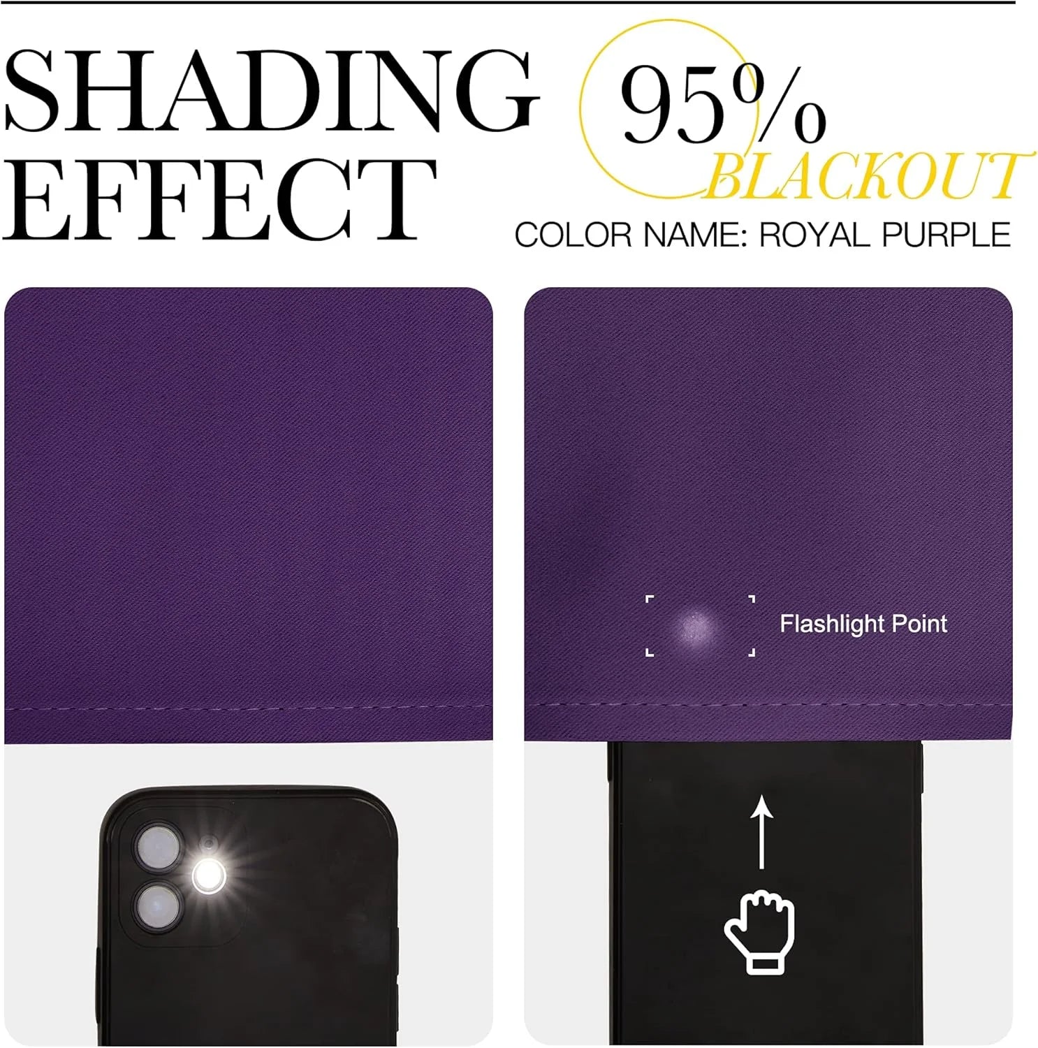 Royal purple blackout shade fabric sample showing 95% light-blocking flashlight test
