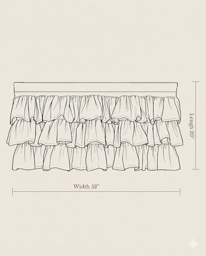 Detailed line drawing of a triple-tiered ruffled valance. Visible dimensions: 20-inch length, 52-inch width.