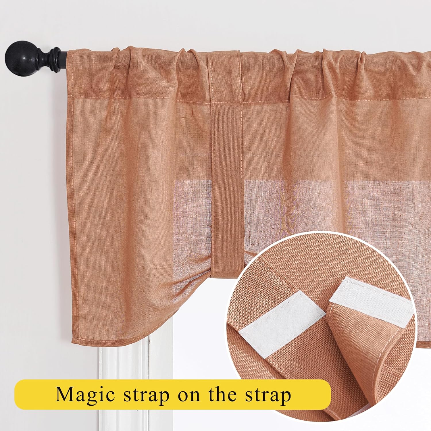 Rust brown semi-sheer tie-up valance on a dark rod, with a rod pocket top. Features an adjustable hook and loop fastener.