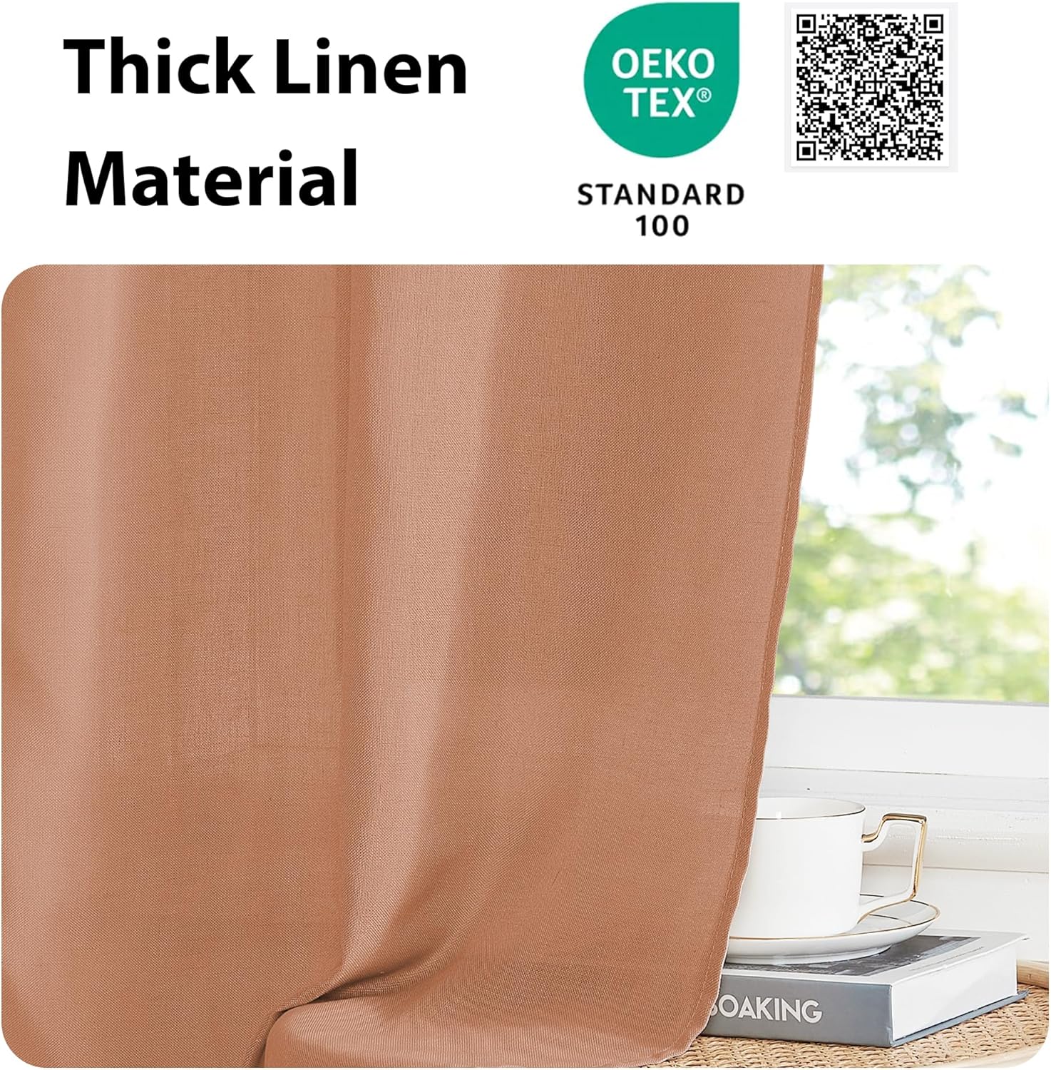 Close-up of a rust brown thick linen curtain panel, OEKO-TEX certified, hanging next to a window.
