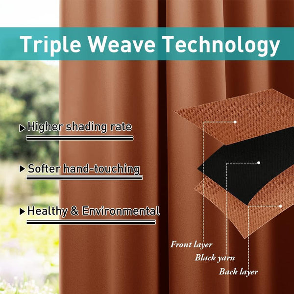 Rust brown triple weave blackout curtains with visible layered fabric construction, showing texture.