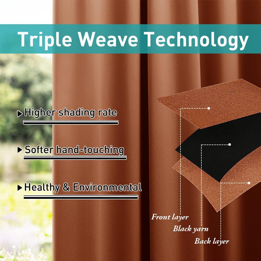 Rust brown triple weave blackout curtains with visible layered fabric construction, showing texture.