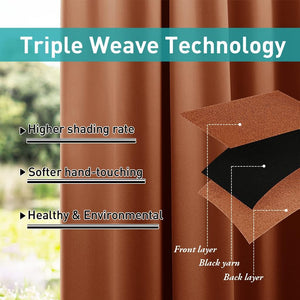 Rust brown triple weave blackout curtains with visible layered fabric construction, showing texture.