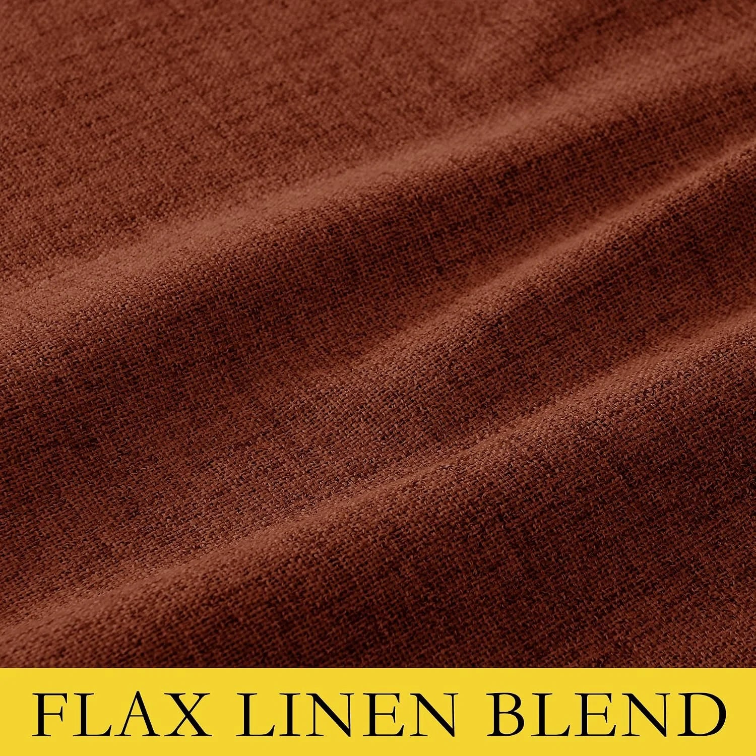 Close-up of rust brown flax linen blend fabric with soft woven texture