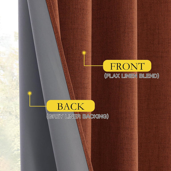 Close-up of rust-colored flax linen blend curtain, revealing its textured front and smooth grey liner backing.