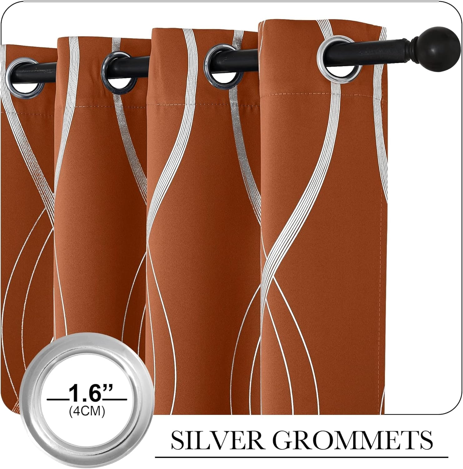 Rust orange grommet top curtains with white wavy stripes on a black rod. Close-up shows 1.6 inch silver grommets.