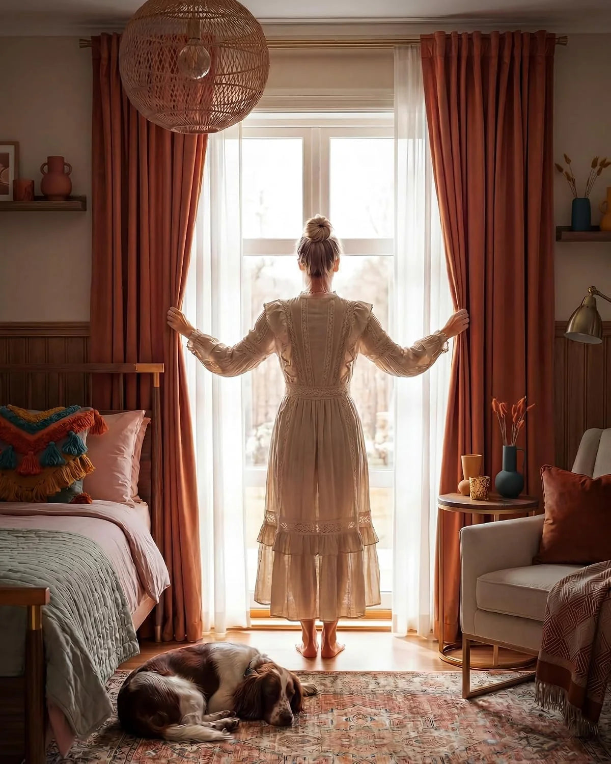 Woman opening rust pleated curtains in a cozy bedroom with sheer drapes and a sleeping dog