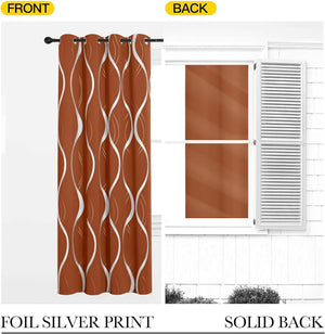 Rust grommet curtain with silver foil wave print on front. Solid back for room darkening.