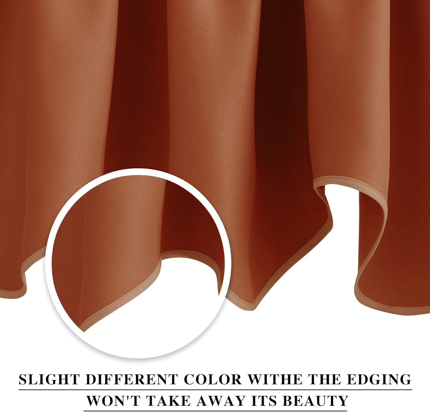 Close-up of a rust terracotta curtain fabric, showcasing its flowing folds and a delicate, slightly lighter stitched hem.